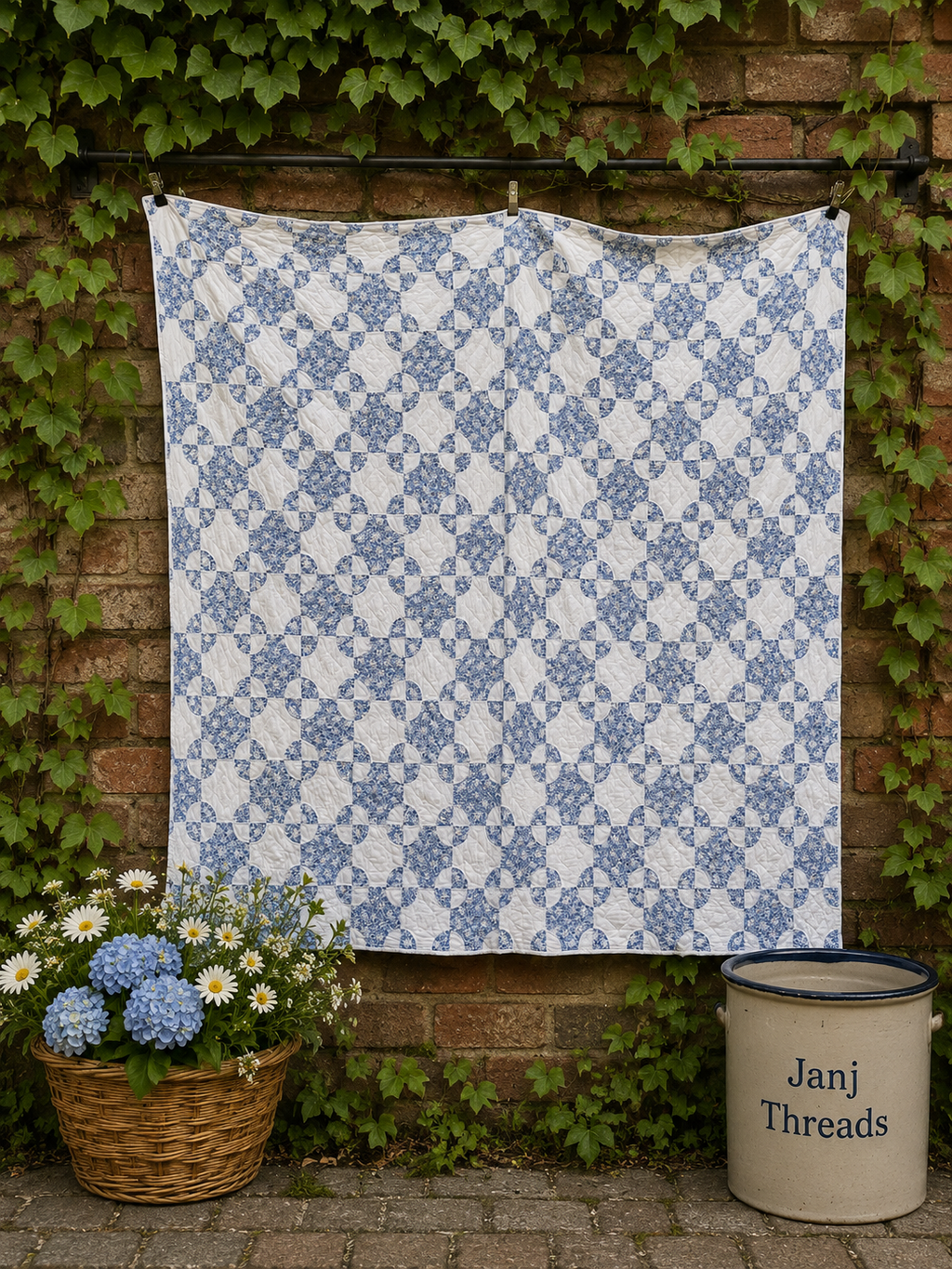 Vintage Blue and White Snowball Quilt