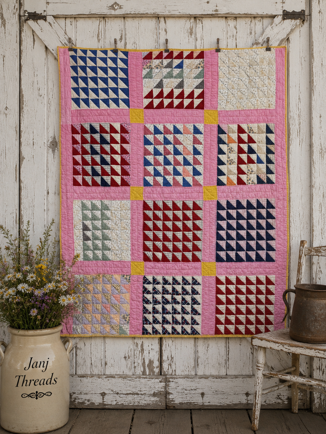 Antique Pink Flying Geese Variation Quilt