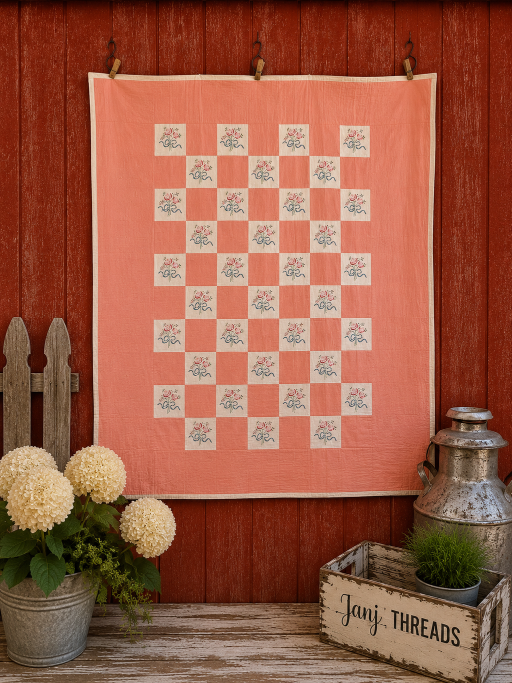 Vintage Peach Bouquet Embroidered Quilt