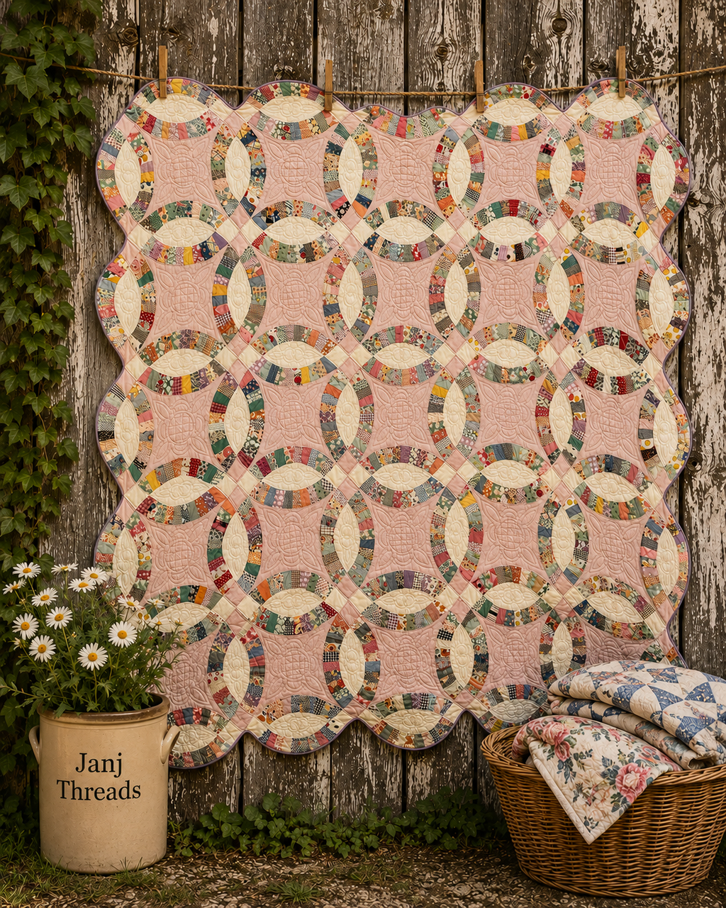 Vintage Quilt Double Wedding Ring with Lavender