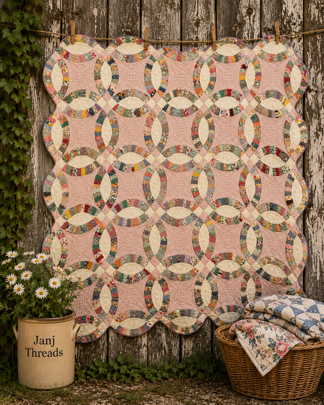 Vintage Quilt Double Wedding Ring with Lavender
