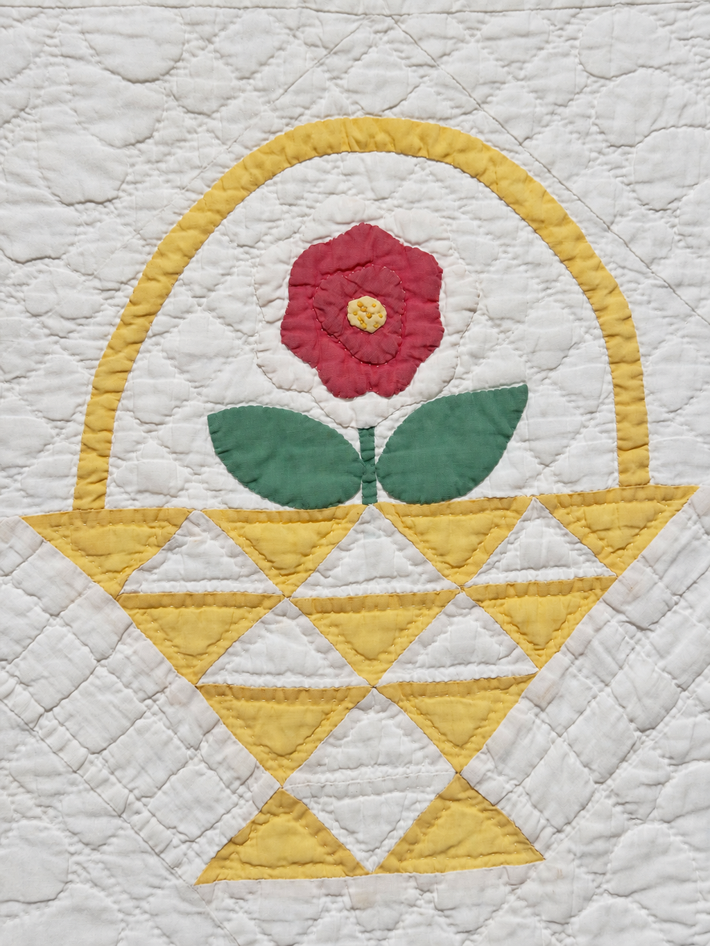 Vintage Quilt Yellow Pieced Flower Basket with Applique Flowers