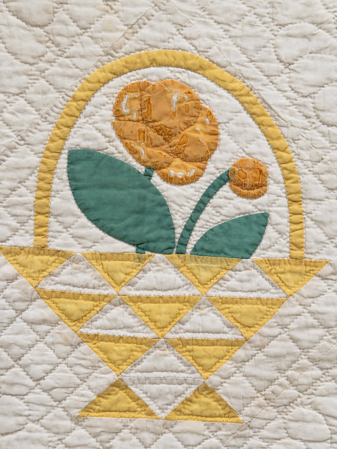 Vintage Quilt Yellow Pieced Flower Basket with Applique Flowers