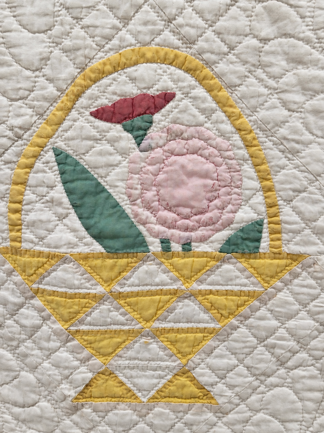 Vintage Quilt Yellow Pieced Flower Basket with Applique Flowers