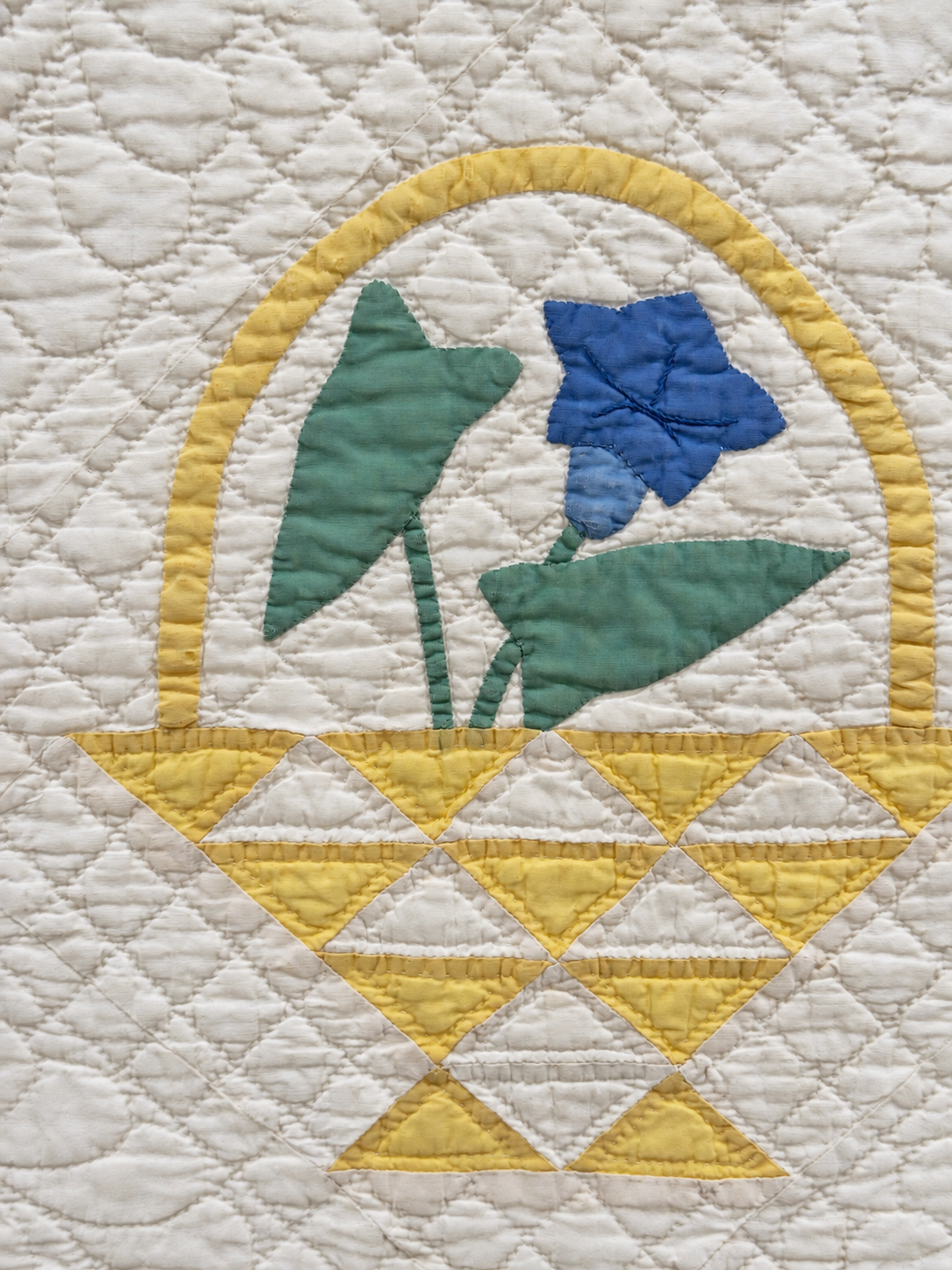 Vintage Quilt Yellow Pieced Flower Basket with Applique Flowers