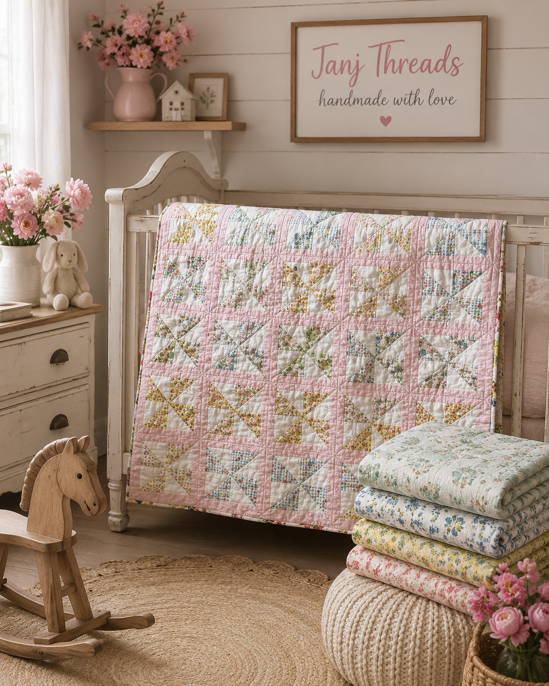 Vintage Feed Sack Pinwheel Crib Quilt