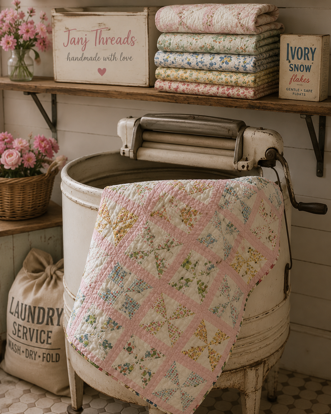 Vintage Feed Sack Pinwheel Crib Quilt