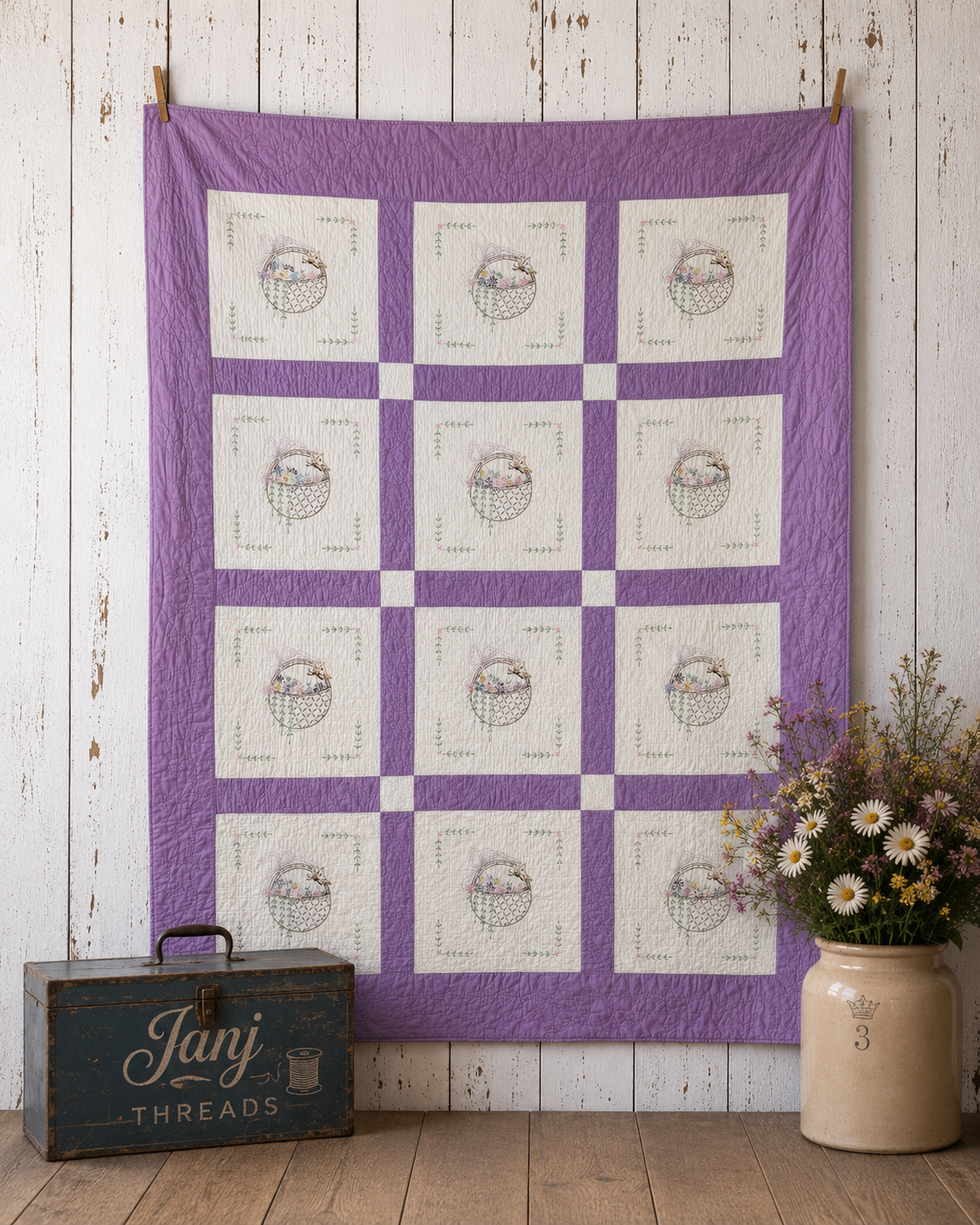 Vintage Purple Flower Basket Embroidered Quilt  **SOLD**