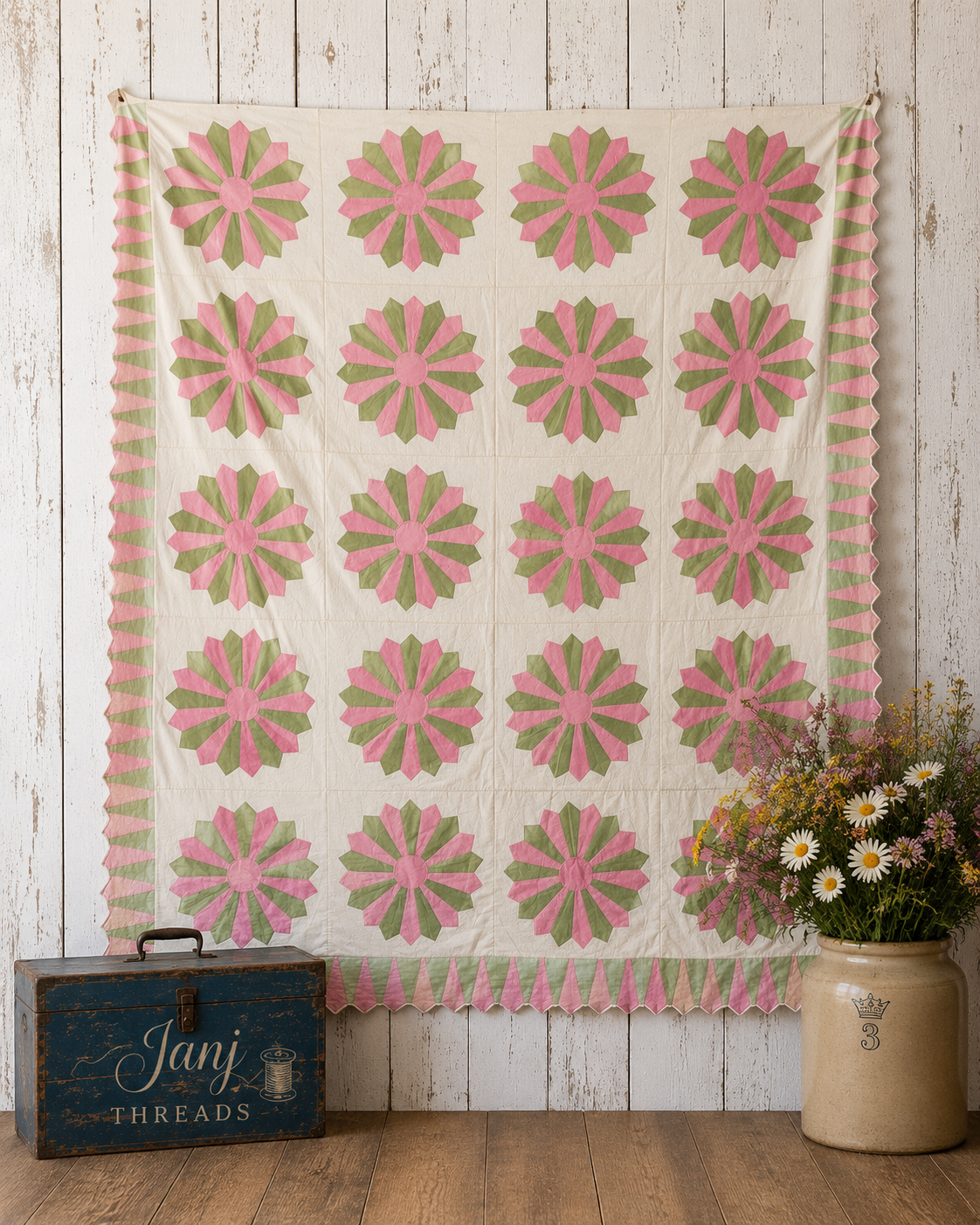 Vintage Pink and Green Dresden Plate Quilt Top