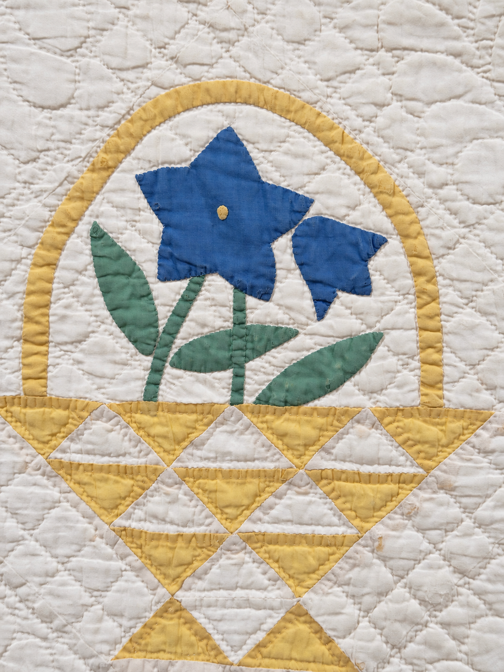 Vintage Quilt Yellow Pieced Flower Basket with Applique Flowers