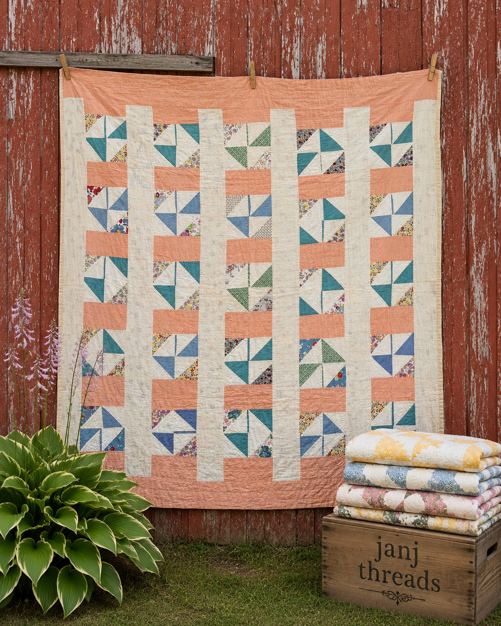 Vintage Quilt Half Square Triangle Pinwheel Variation