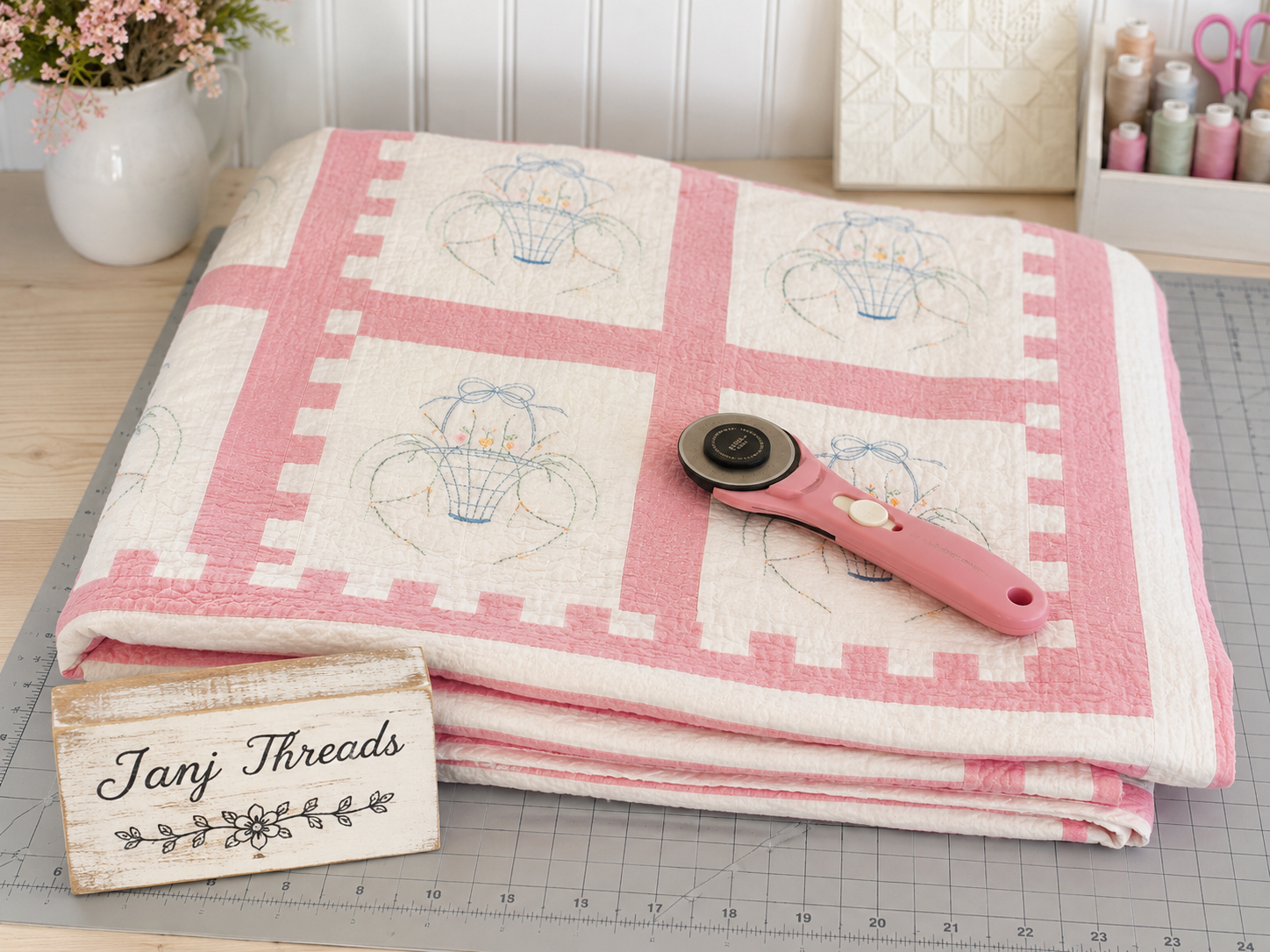 Vintage Quilt Flower Basket Embroidery