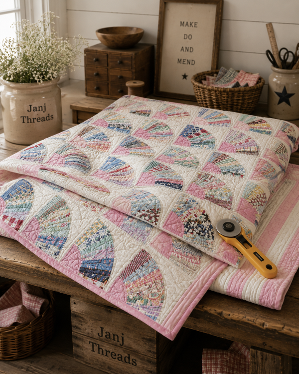 **SOLD** Vintage Grandmother's Fan Pink Feed Sack Quilt **SOLD**