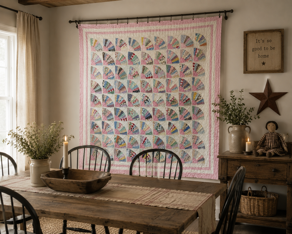 **SOLD** Vintage Grandmother's Fan Pink Feed Sack Quilt **SOLD**