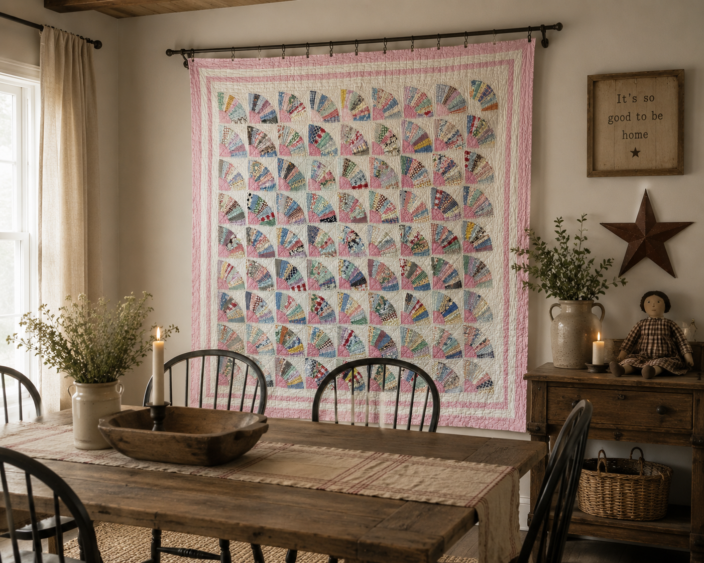 **SOLD** Vintage Grandmother's Fan Pink Feed Sack Quilt **SOLD**