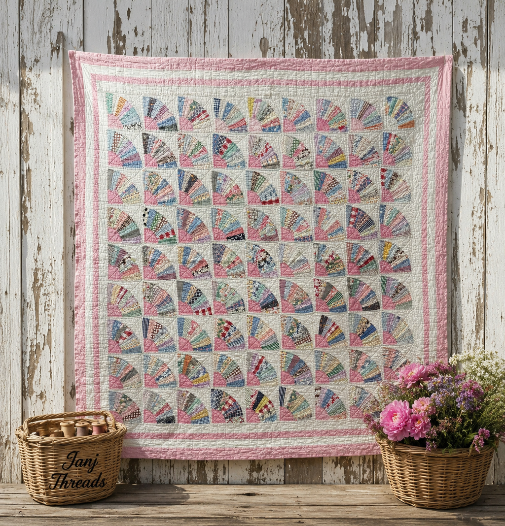 **SOLD** Vintage Grandmother's Fan Pink Feed Sack Quilt **SOLD**