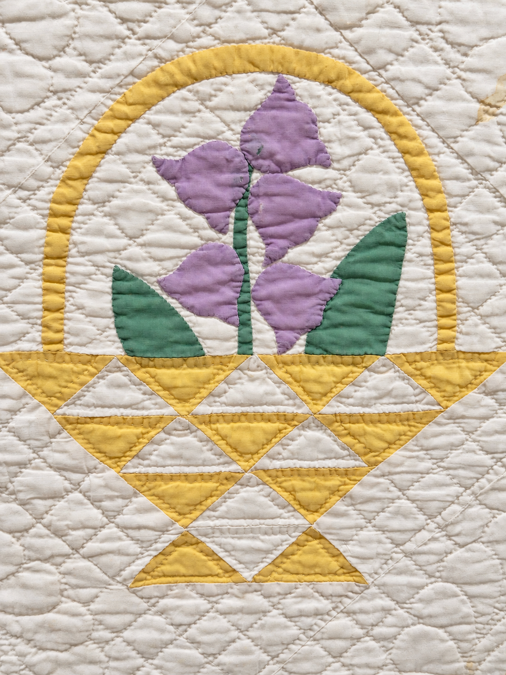 Vintage Quilt Yellow Pieced Flower Basket with Applique Flowers