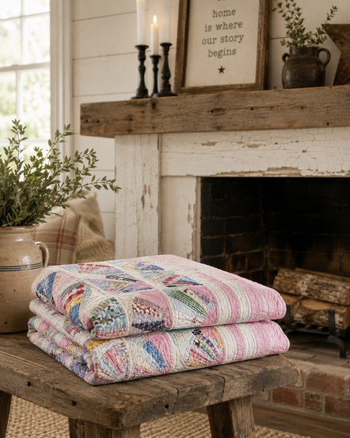 **SOLD** Vintage Grandmother's Fan Pink Feed Sack Quilt **SOLD**