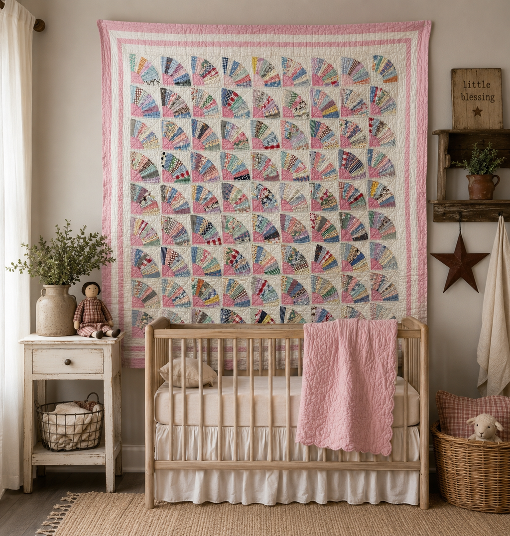 **SOLD** Vintage Grandmother's Fan Pink Feed Sack Quilt **SOLD**