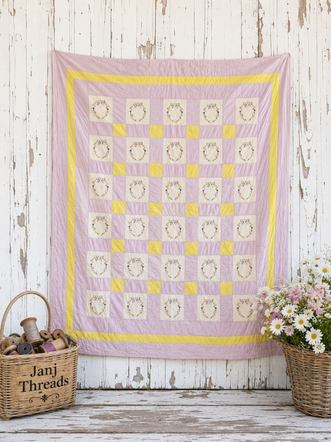 Vintage Quilt Floral Wreath Embroidered