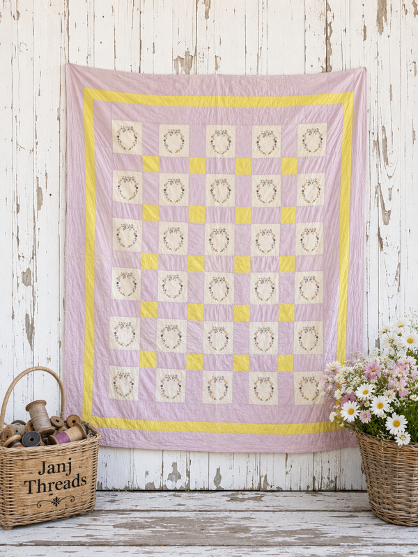 Vintage Quilt Floral Wreath Embroidered