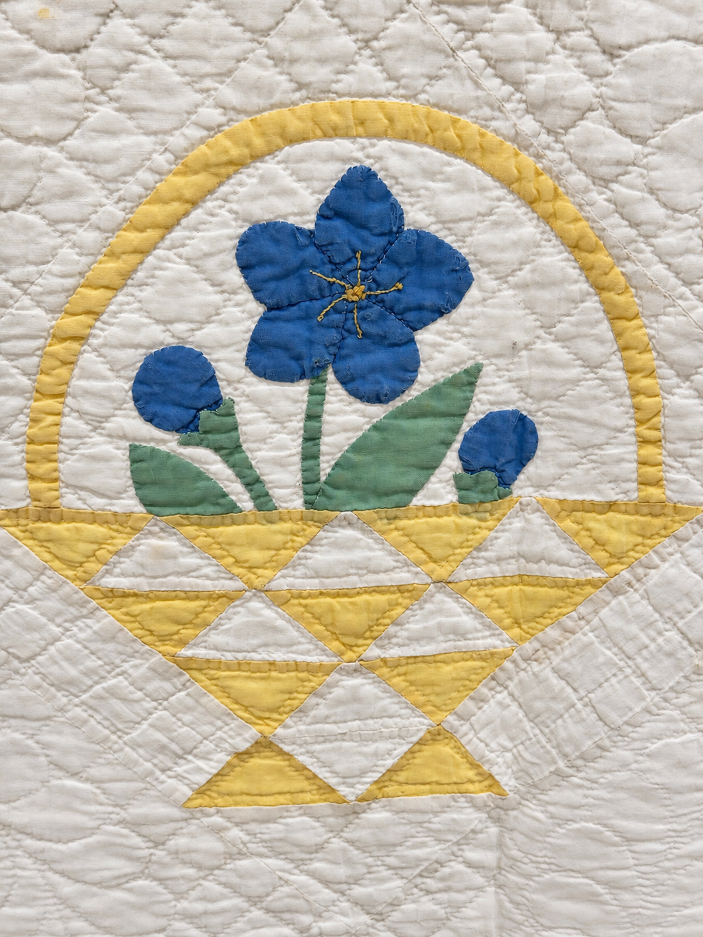 Vintage Quilt Yellow Pieced Flower Basket with Applique Flowers