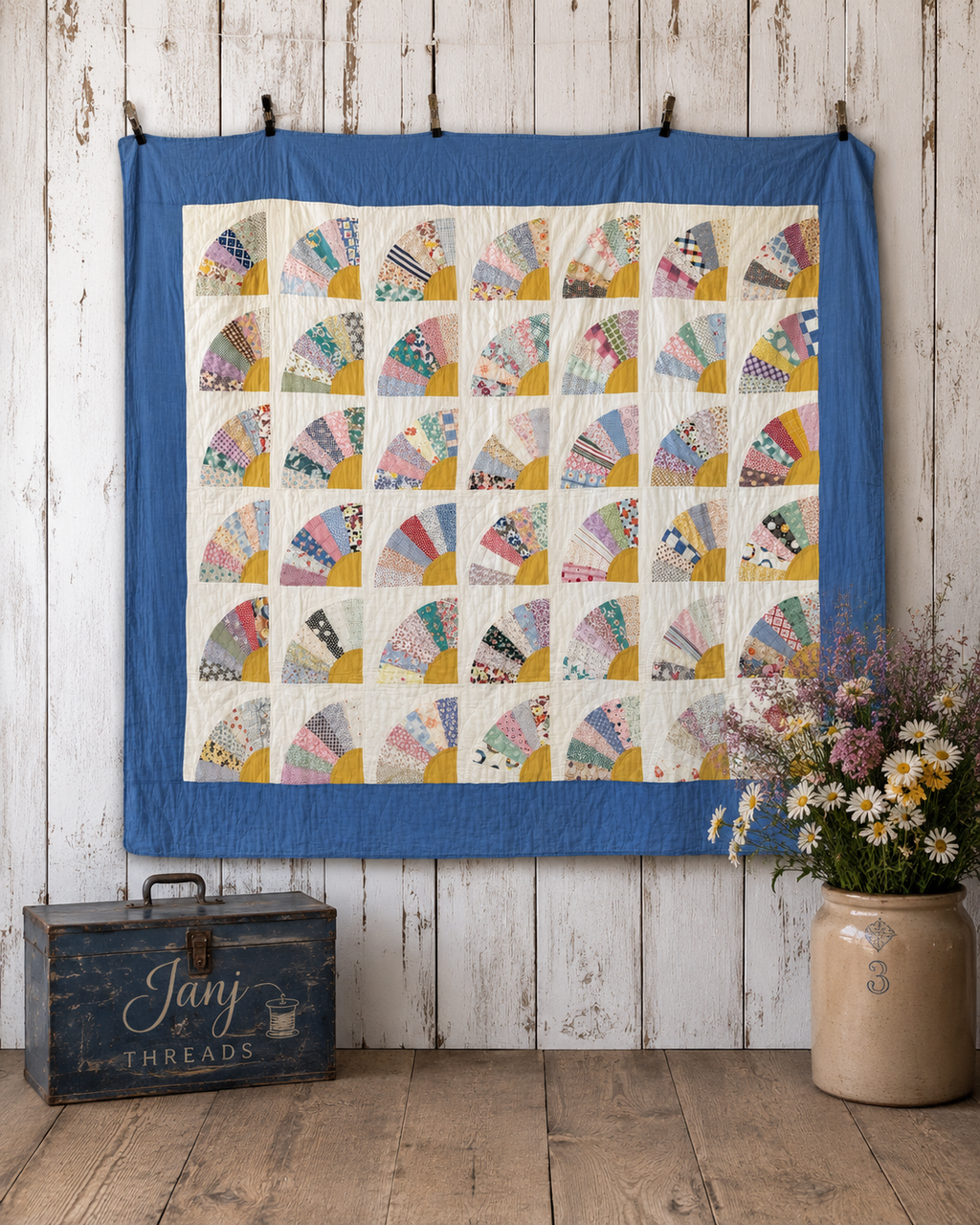 Vintage Bold Blue Fan Quilt