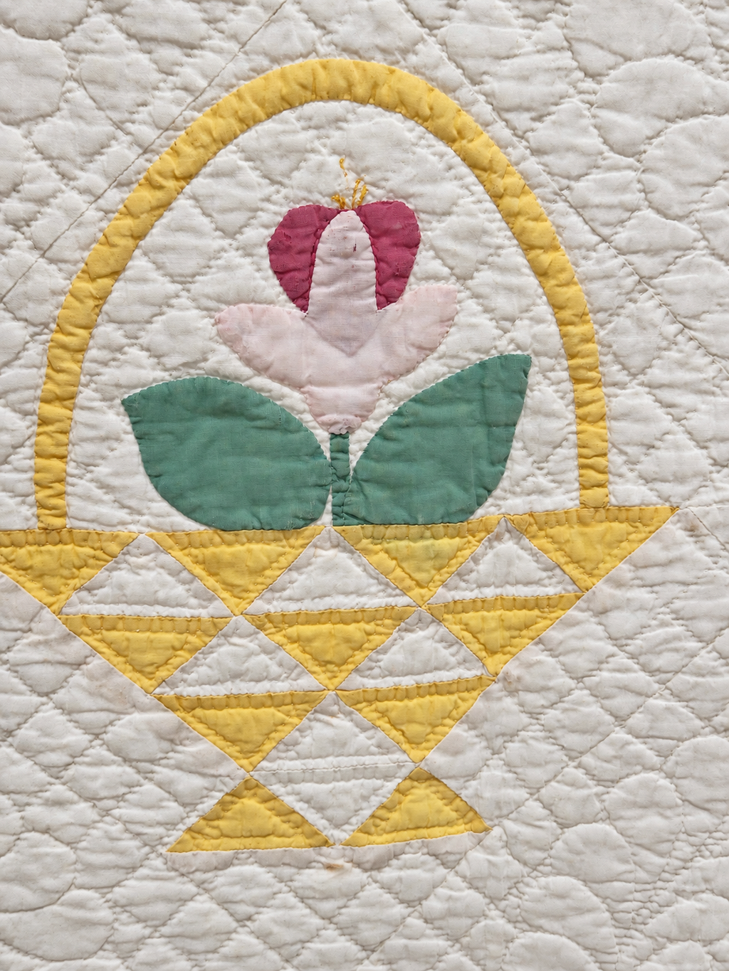 Vintage Quilt Yellow Pieced Flower Basket with Applique Flowers