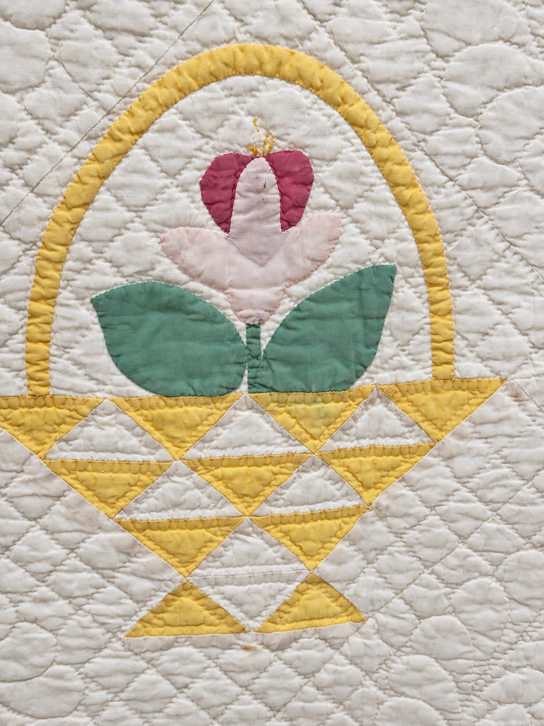Vintage Quilt Yellow Pieced Flower Basket with Applique Flowers