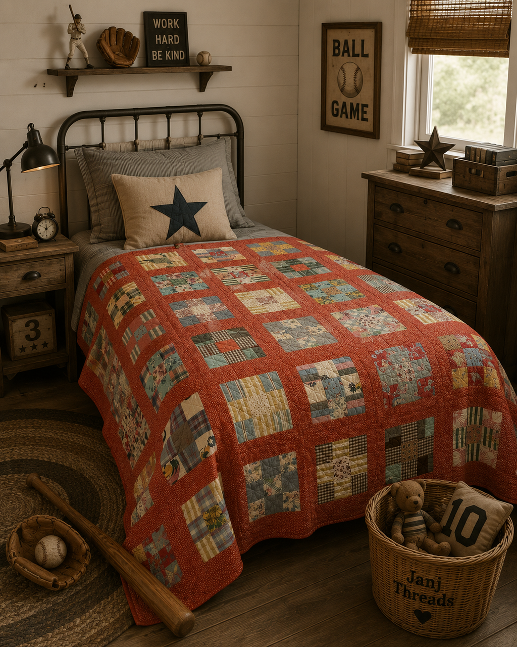 Vintage Quilt Red Calico Nine Patch