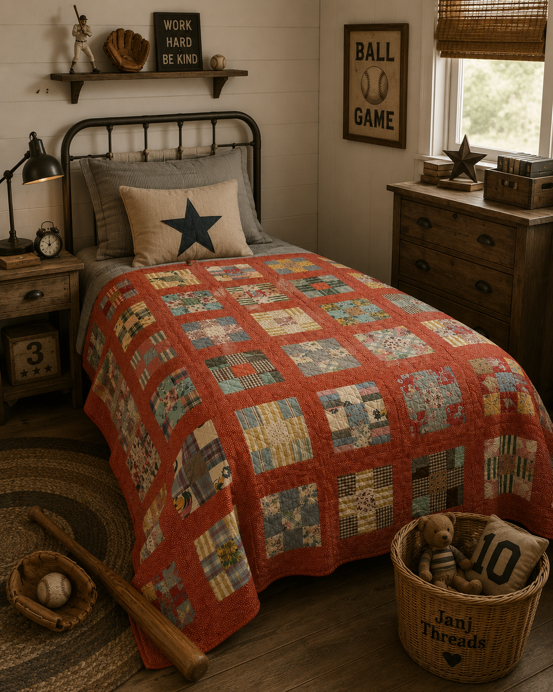 Vintage Quilt Red Calico Nine Patch