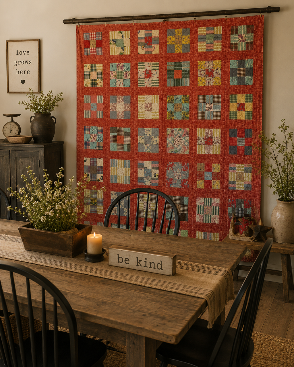 Vintage Quilt Red Calico Nine Patch