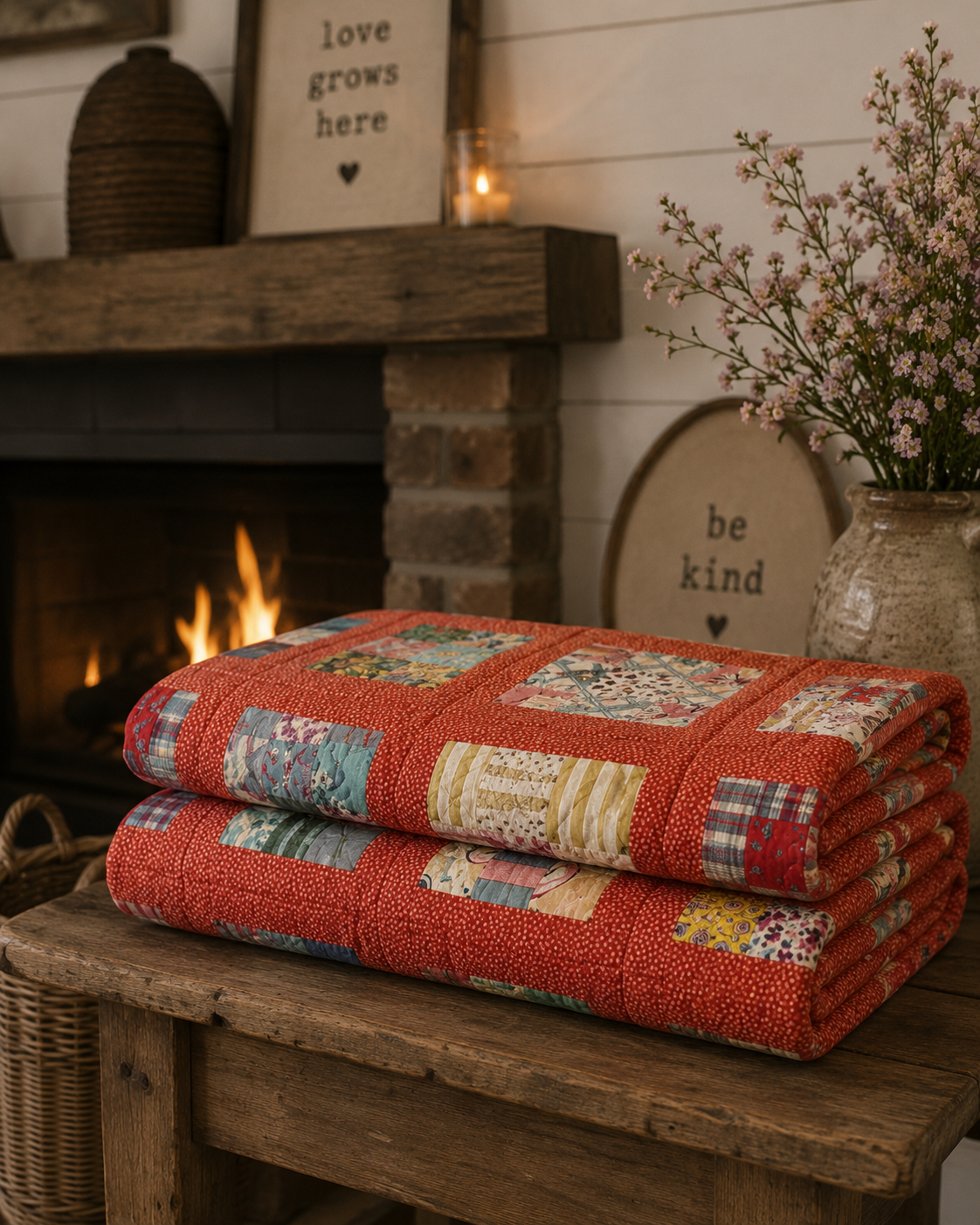 Vintage Quilt Red Calico Nine Patch