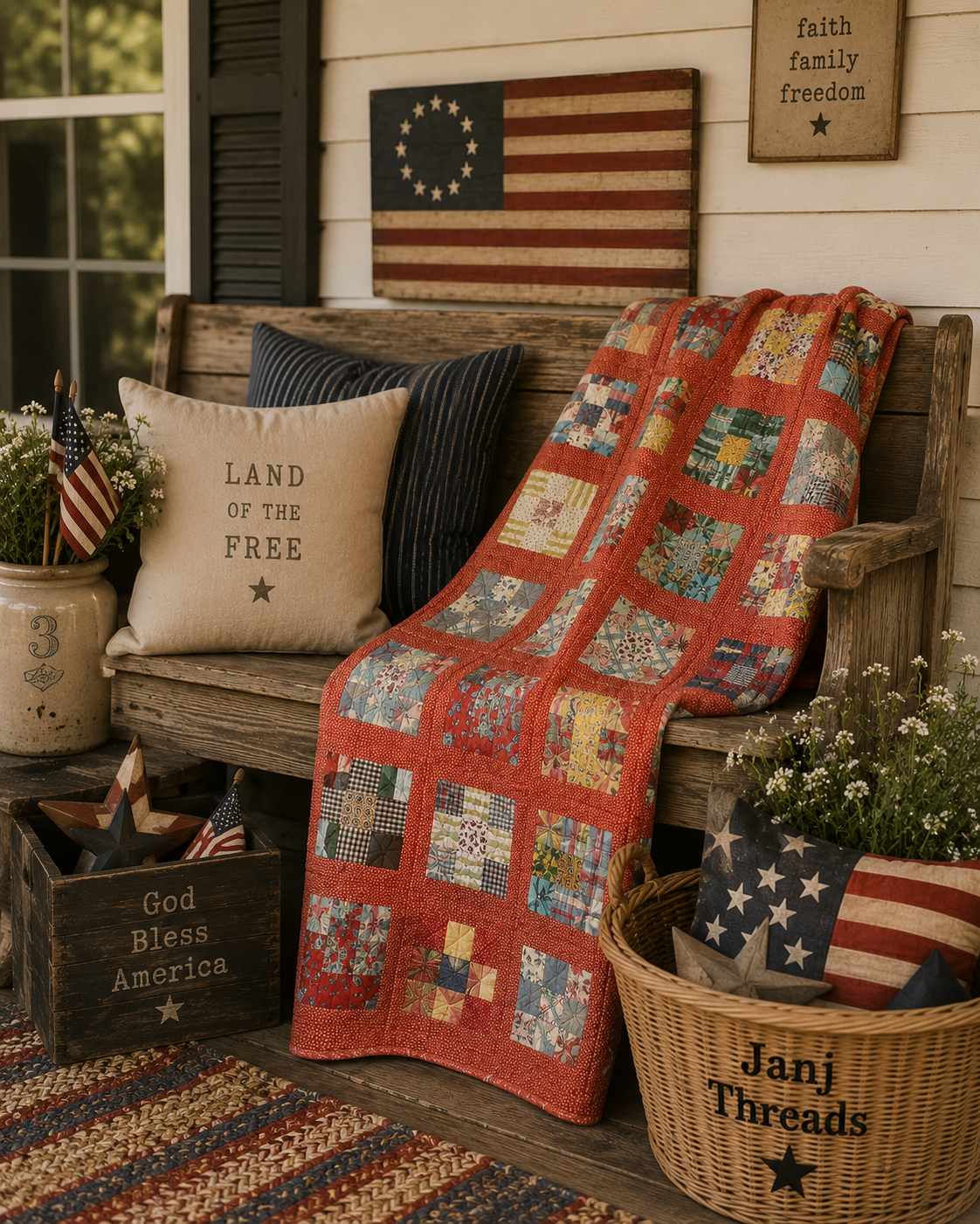 Vintage Quilt Red Calico Nine Patch