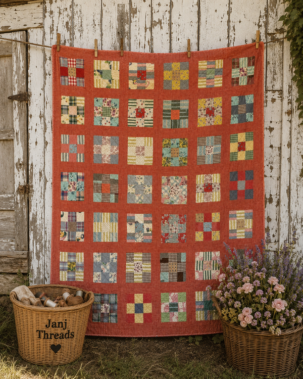 Vintage Quilt Red Calico Nine Patch