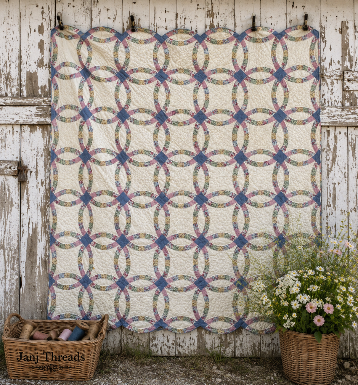 Vintage Quilt Double Wedding Ring Feed Sack