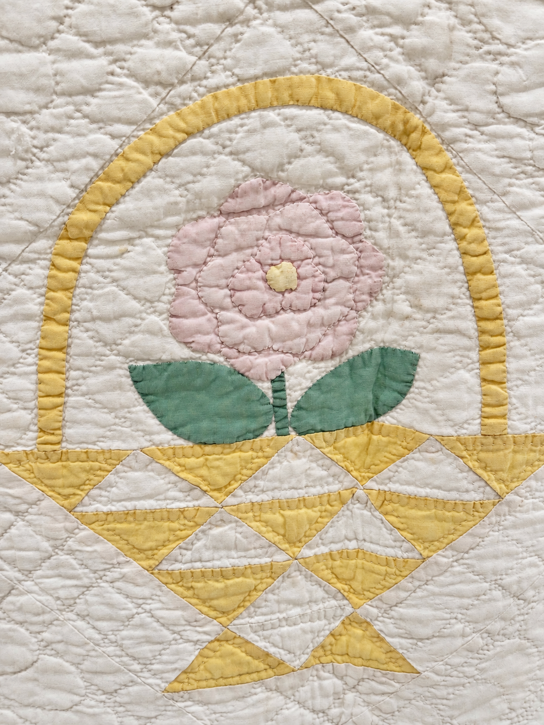 Vintage Quilt Yellow Pieced Flower Basket with Applique Flowers