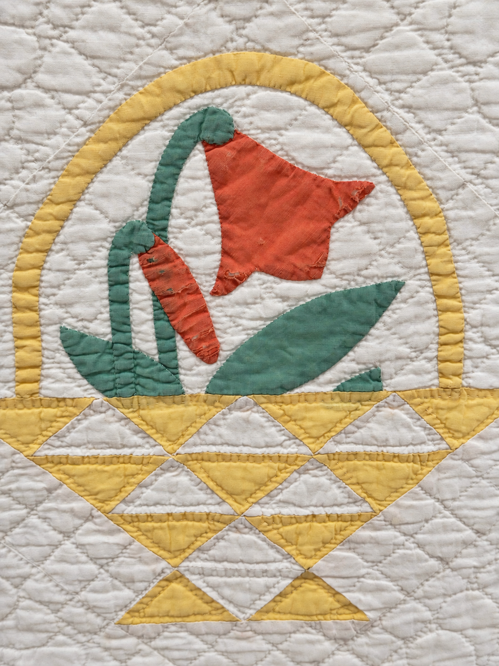 Vintage Quilt Yellow Pieced Flower Basket with Applique Flowers