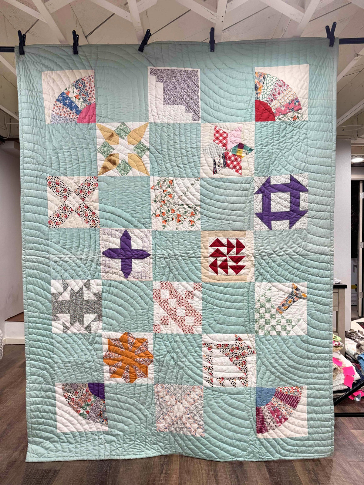Vintage Quilt Sampler Block with Aqua Setting