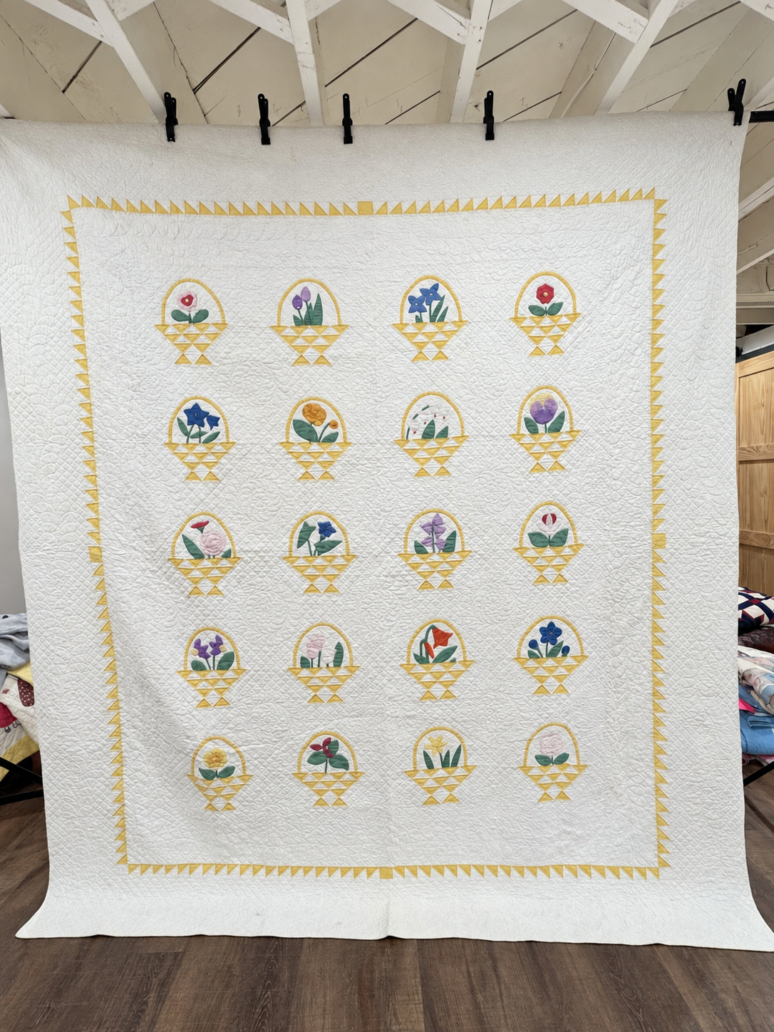 Vintage Quilt Yellow Pieced Flower Basket with Applique Flowers