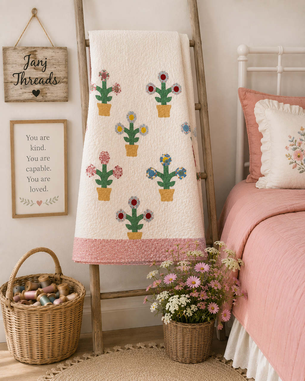 Vintage Flower Pot Garden Appliqué Quilt