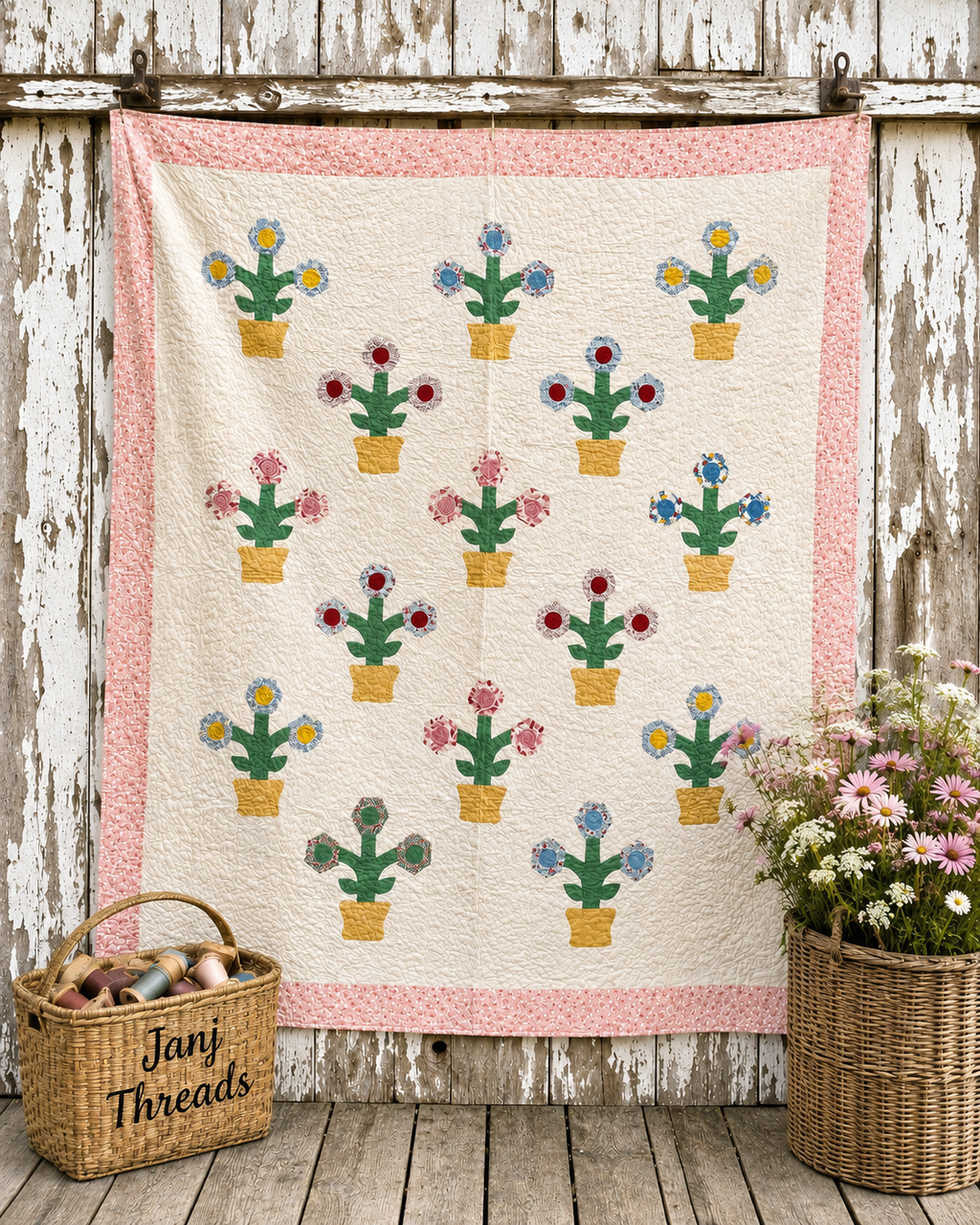 Vintage Flower Pot Garden Appliqué Quilt