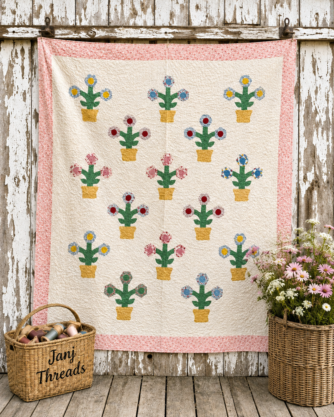 Vintage Flower Pot Garden Appliqué Quilt