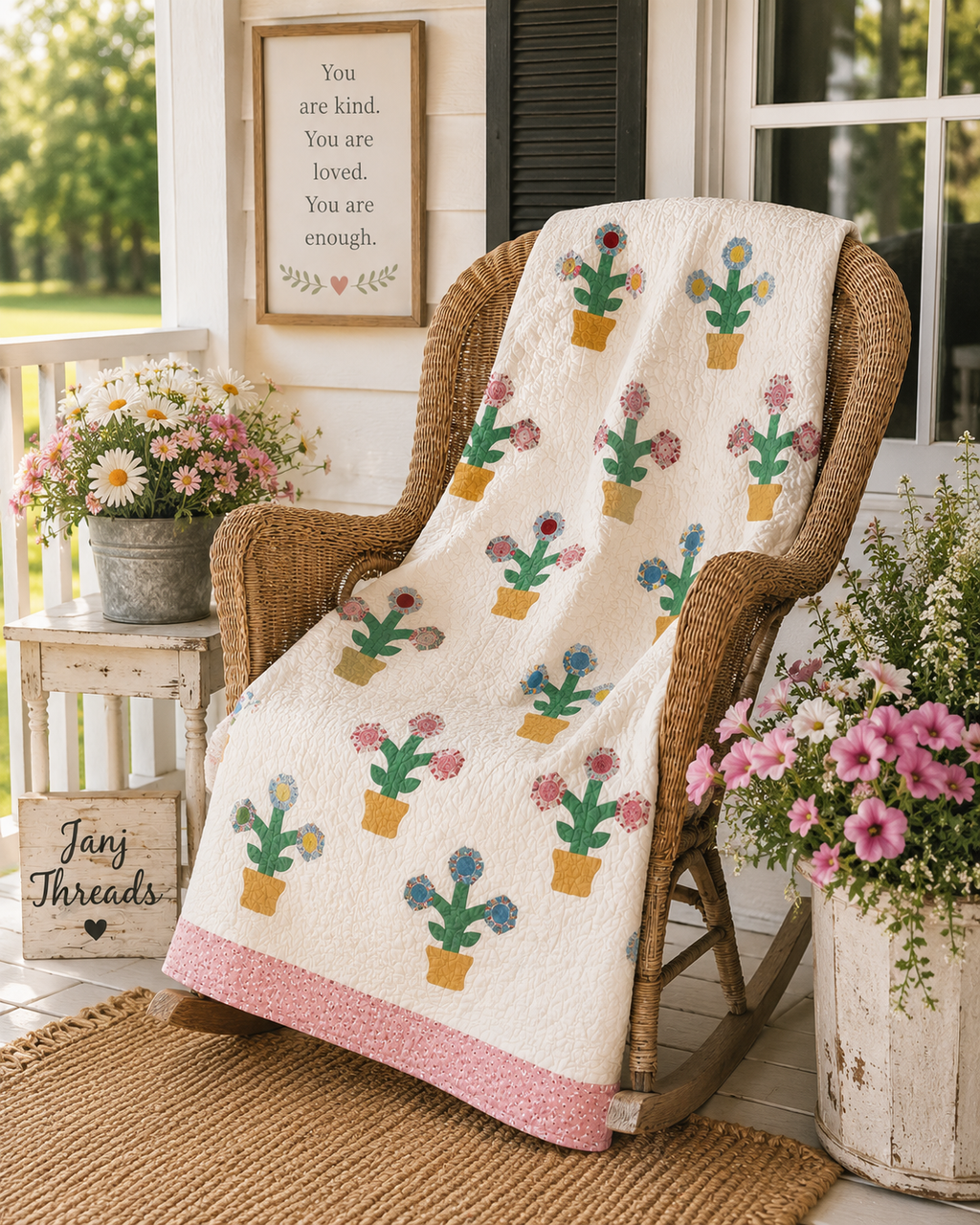 Vintage Flower Pot Garden Appliqué Quilt