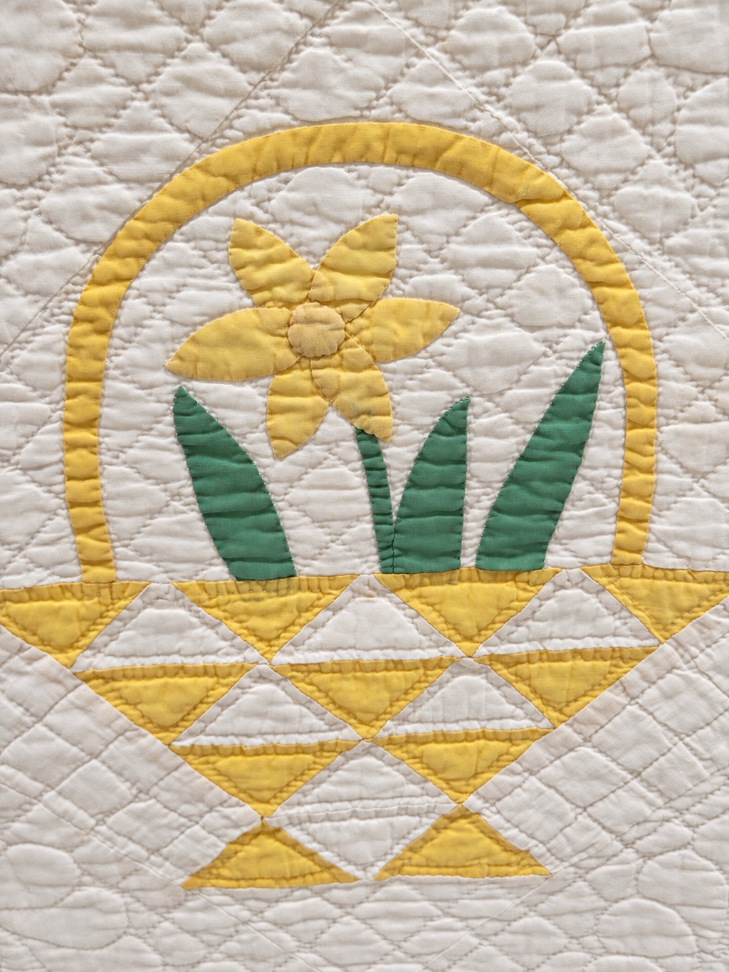 Vintage Quilt Yellow Pieced Flower Basket with Applique Flowers