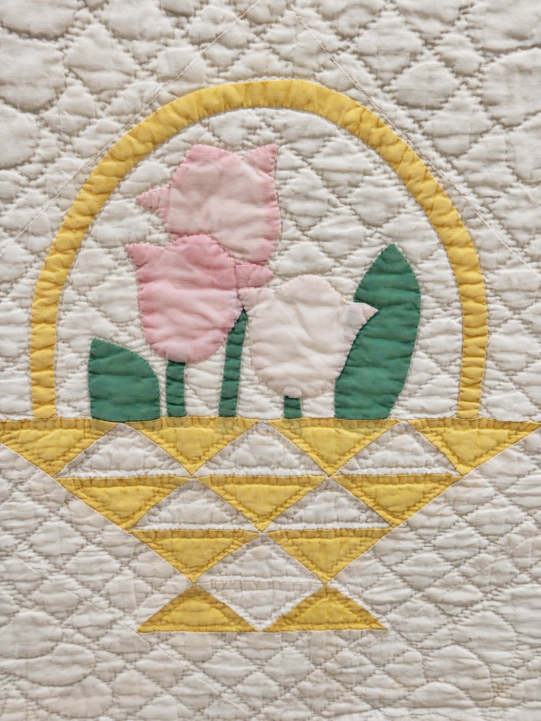 Vintage Quilt Yellow Pieced Flower Basket with Applique Flowers
