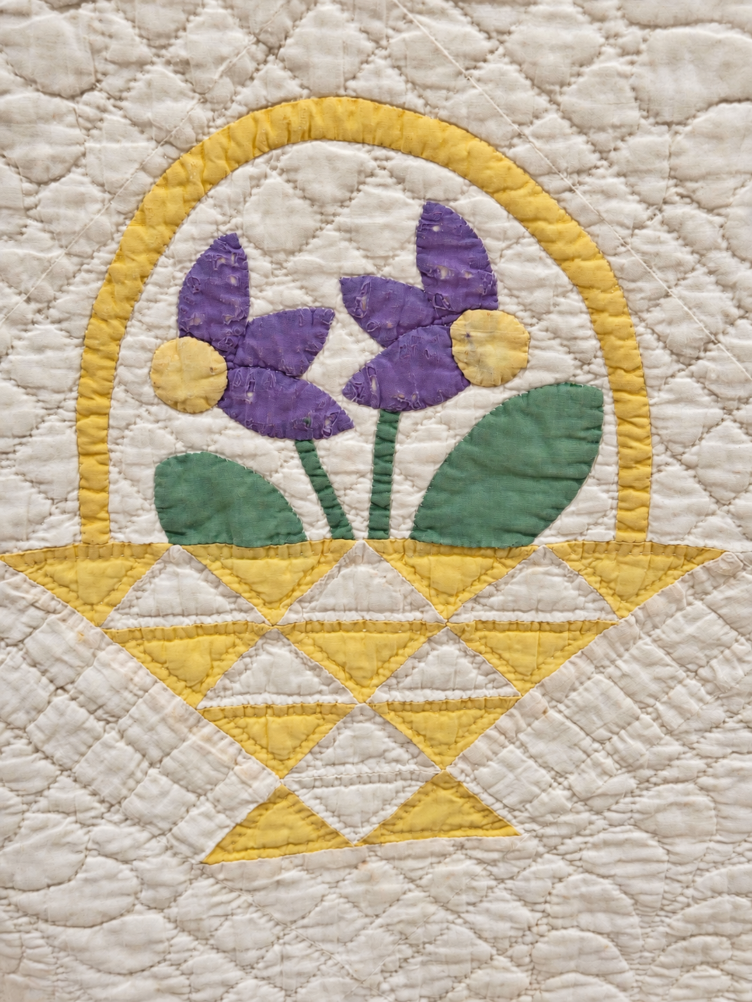 Vintage Quilt Yellow Pieced Flower Basket with Applique Flowers