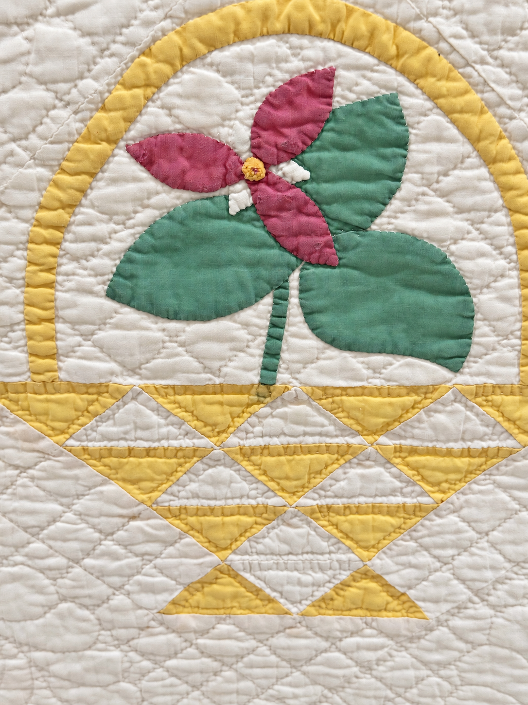 Vintage Quilt Yellow Pieced Flower Basket with Applique Flowers