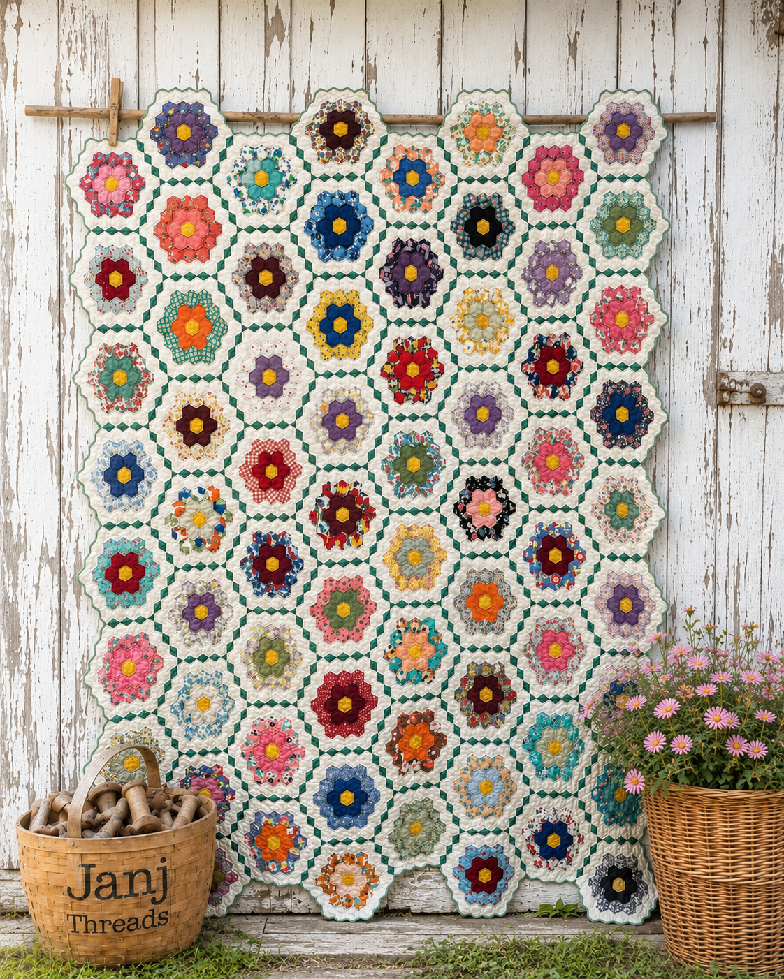 Vintage Grandmother's Flower Garden Quilt with Provenance