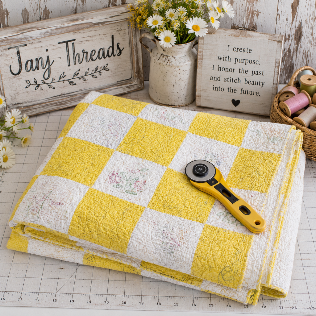 Vintage Quilt Yellow and White Checkerboard